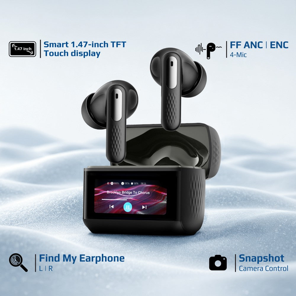 Promate Arix ANC True Wireless Earbuds with Smart Touch Display, 1.47" TFT IPS Screen, Quad-Mic ENC,Beige