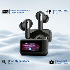 Promate Arix ANC True Wireless Earbuds with Smart Touch Display, 1.47" TFT IPS Screen, Quad-Mic ENC,Black