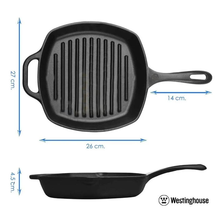 Westinghouse 28 cm Pre-Seasoned Cast Iron Square Grill Pan – Black