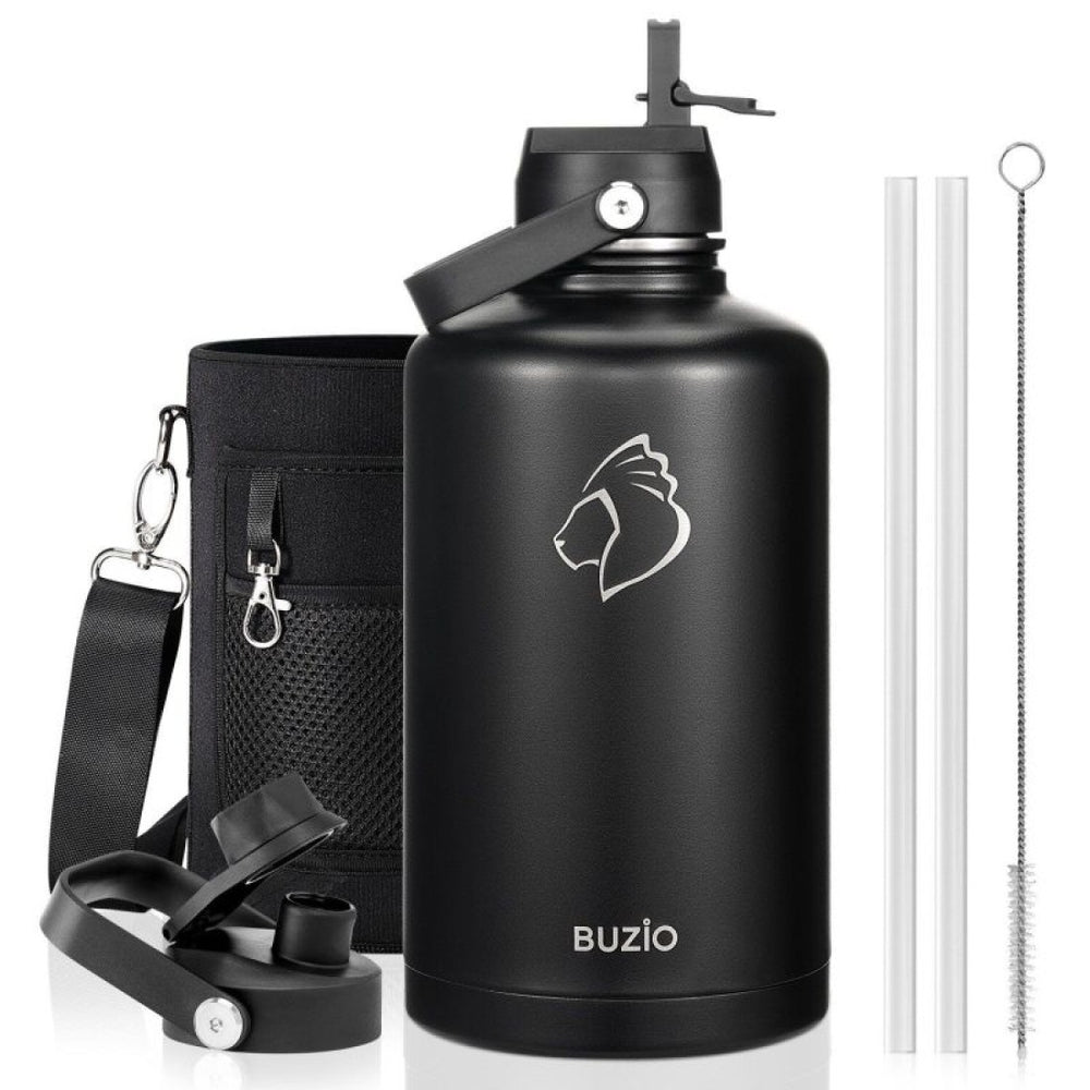 Buzio Duet Series Water Bottle with 2 Lids and Sleeve 2.5L - Black