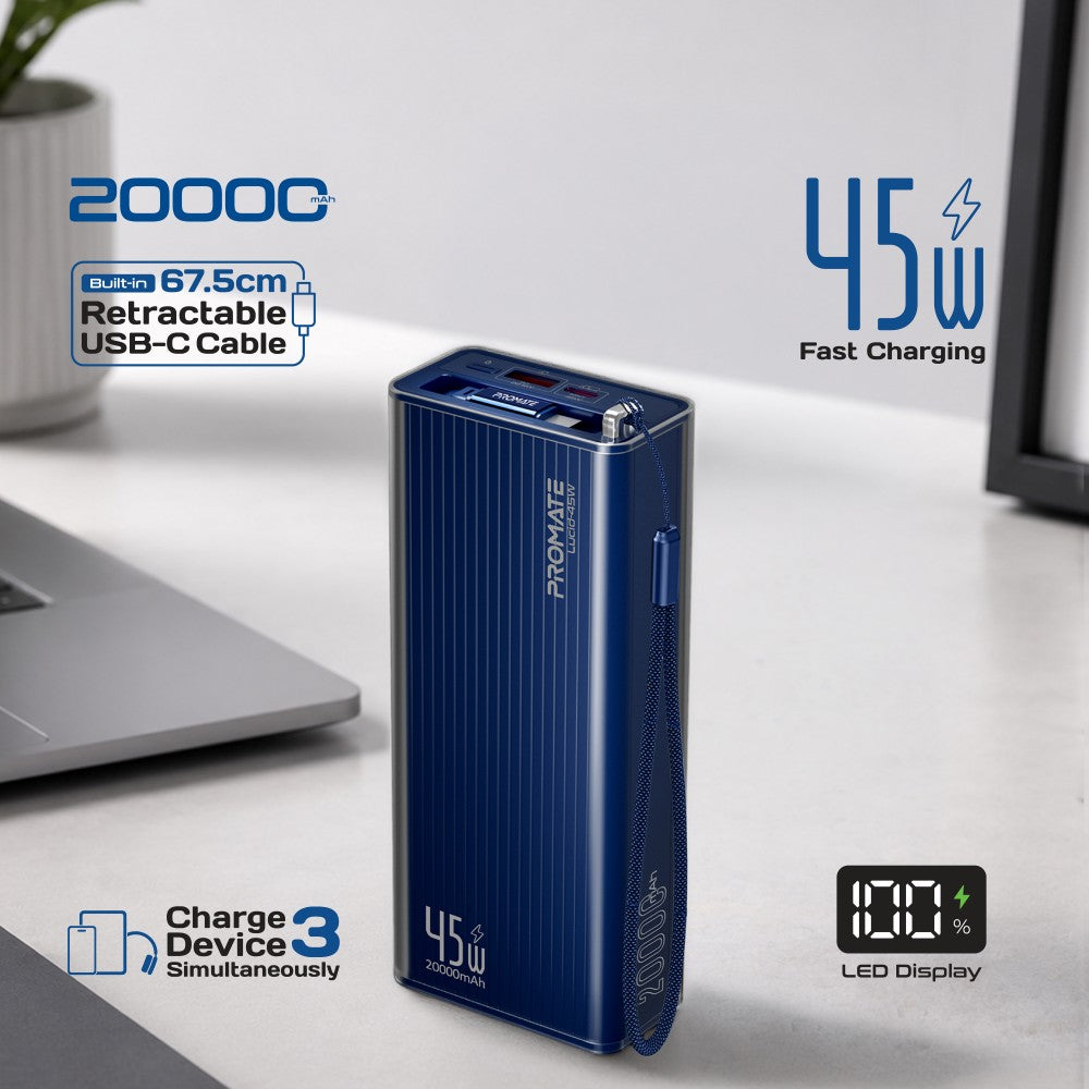 PROMATE  Power through your day with this 20,000mAh power bank featuring 45W fast charging,Black