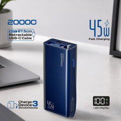 PROMATE  Power through your day with this 20,000mAh power bank featuring 45W fast charging,Black