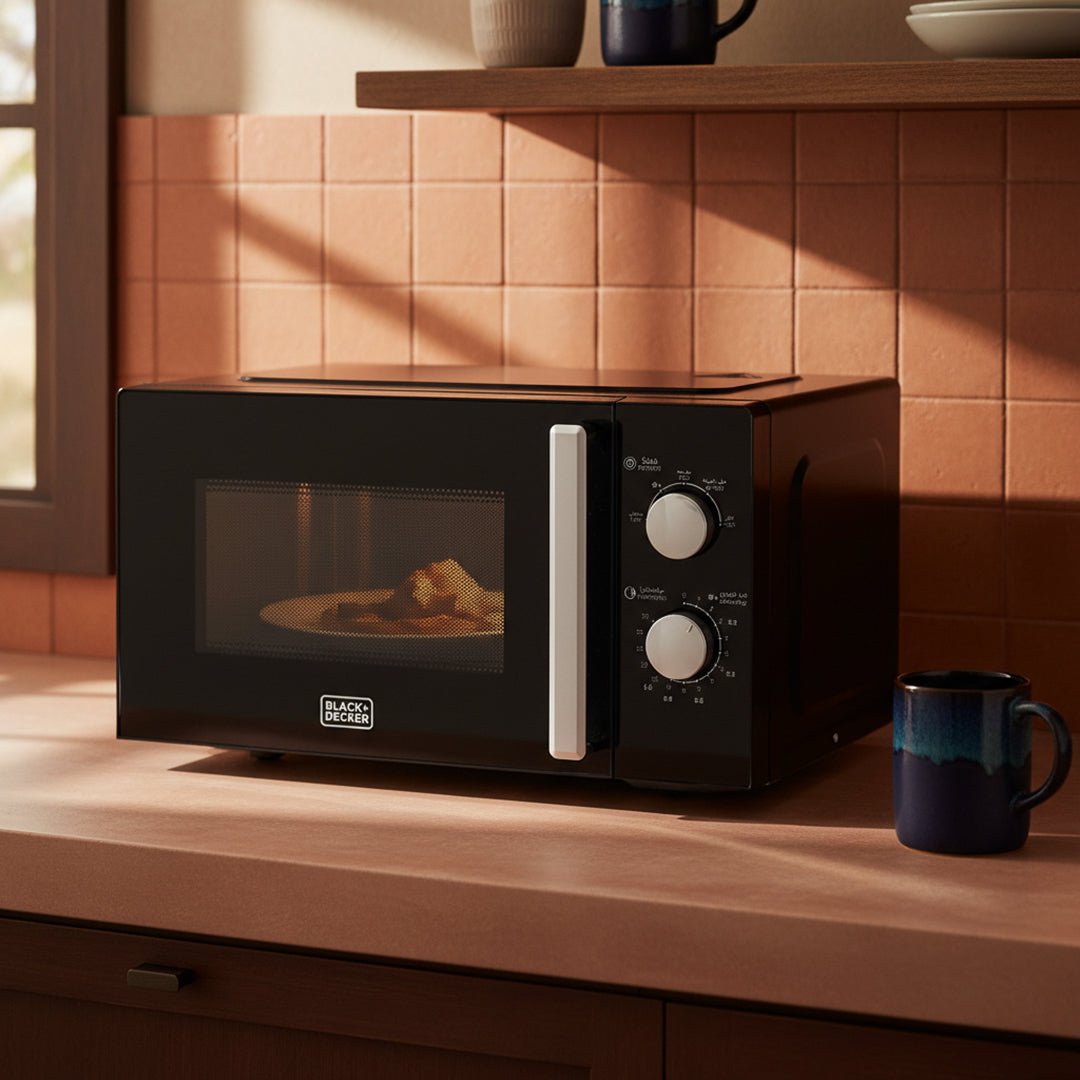 Black & Decker Microwave Oven, 20L, 700W, 5 Power Levels, Defrost Function, 35-Min Timer, 255mm Glass Turntable for Even Cooking, Easy-Clean Cavity, Stylish Chrome Knobs – Black  - MZ2005P-B5