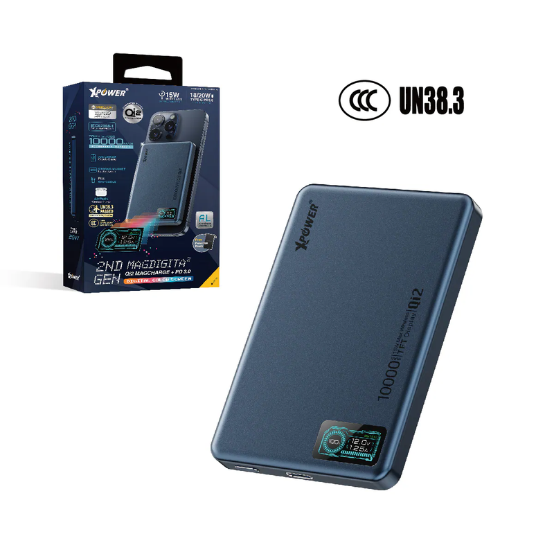XPower MagDigita² 2nd Gen Color TFT Display PD 3.0+QI2 MagCharge 10000mAh Power Bank - Blue