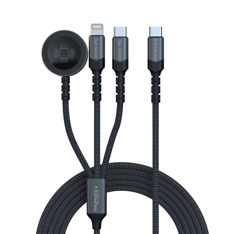 Promate 5-in-1 Multi-Connector Cable for Charging & Data Transfer with Apple Watch Charger,BLACK