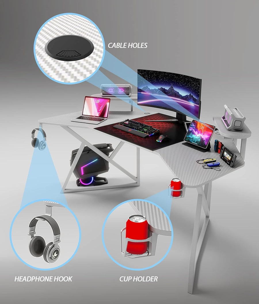 Gamax D2204W Curved Carbon fiber Gaming Table 180*70*74 cm with Multi Level Shelves & Mousepad - White