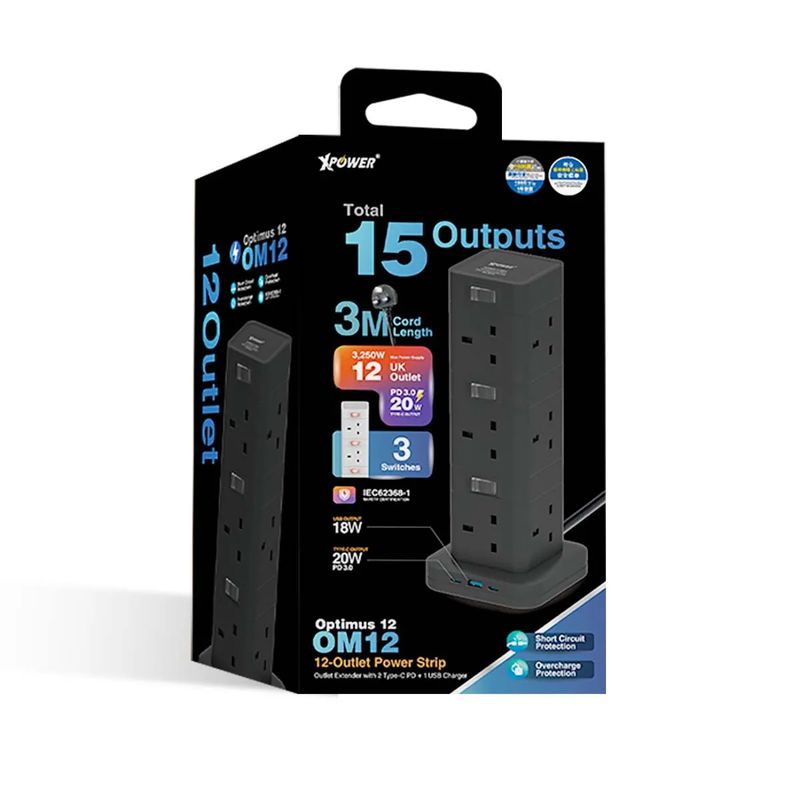 XPower Optimus 12 OM12 15-output switch power strip 12 Outlet PD3.0 Output (3M) Black-4895246613307