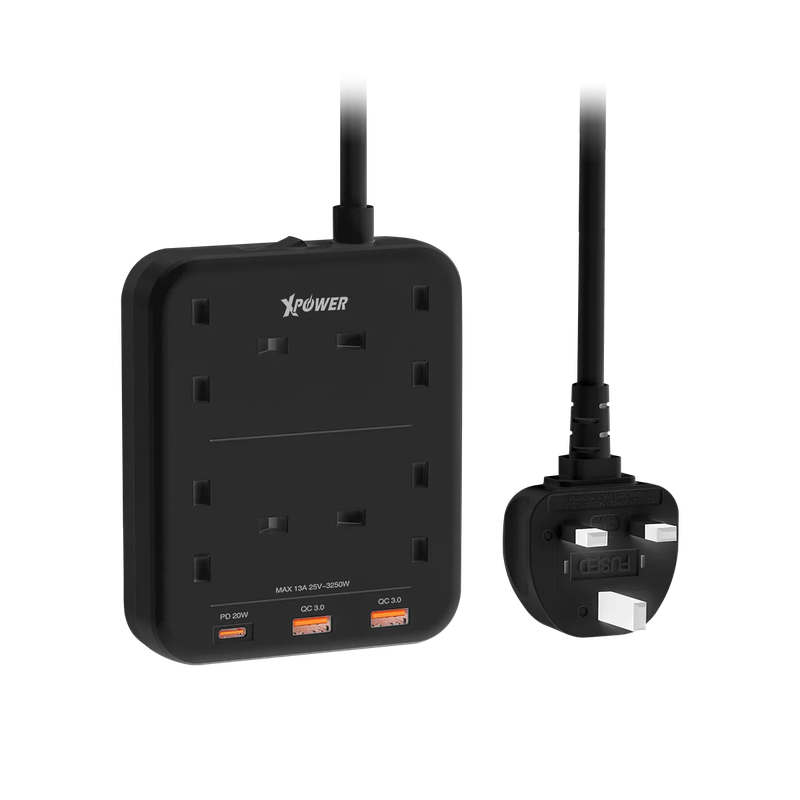 XPower PS4A 3250W Power Strip 7 Output (2 Usb + 1 Type-C + 4 Uk Sockets) - Black-