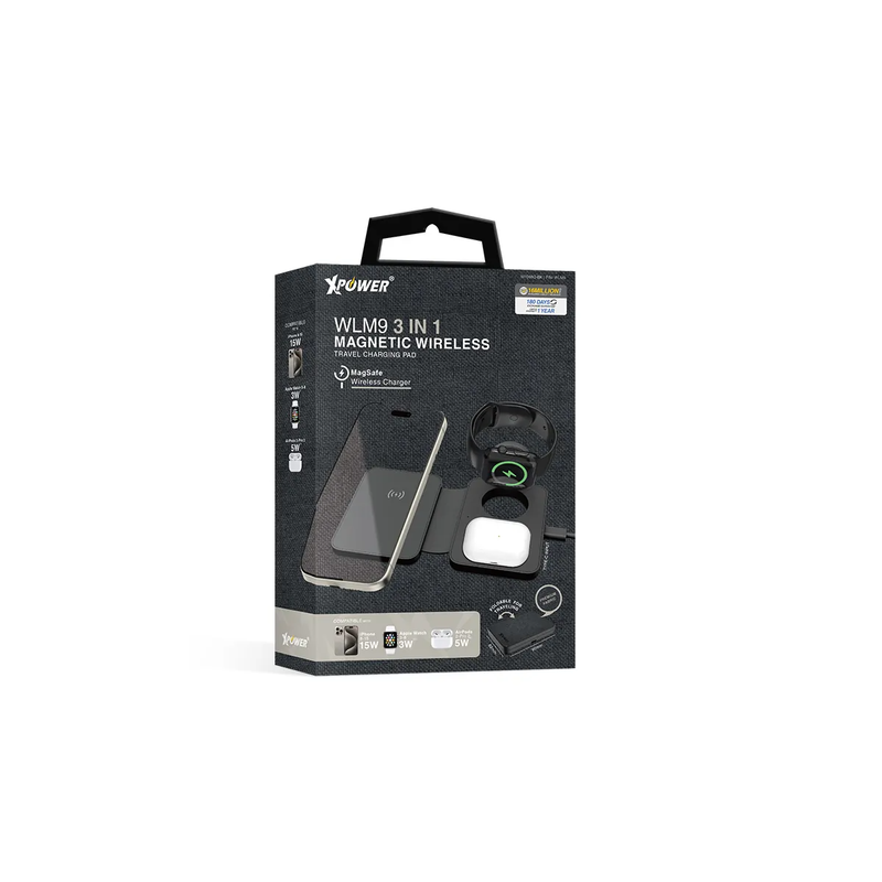 XPower WLM9 3 In 1 Magnetic Wireless Travel Charging Pad - Black