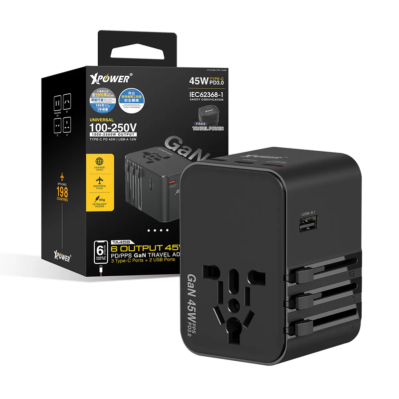 XPower TA45B 6 Output 45W PD/PPS GaN Travel Charger - Black