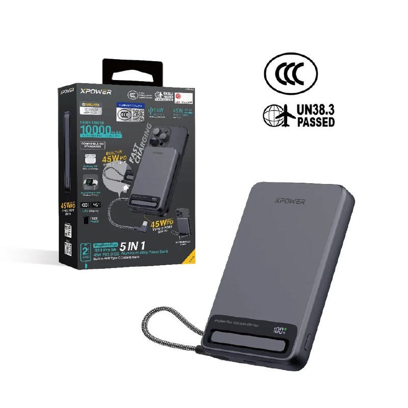 10000mAh 45W Power Bank with Type-C Cable & Stand CCC Safety XPower MagNetoPlus Aluminium Alloy   - Gray