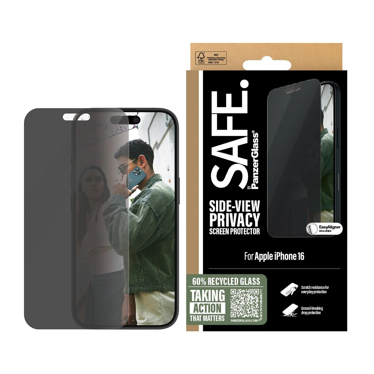 واقي شاشة SAFE. من PanzerGlass® للحفاظ على الخصوصية لهاتف iPhone 16 | تصميم فائق الاتساع