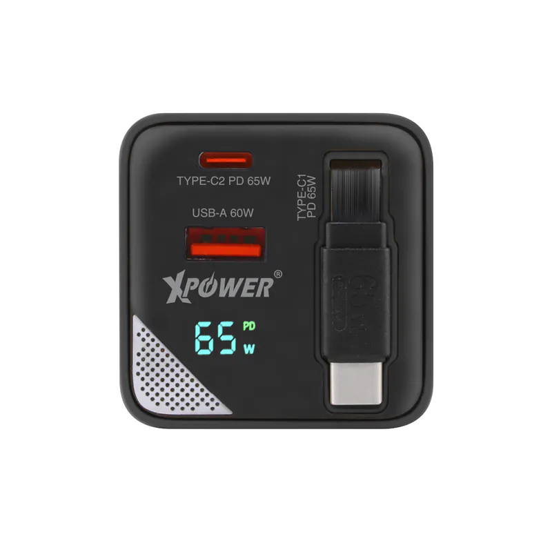XPower GX65B 3 in 1 65W GaN PD Desktop Charger 2 Port Type-C cable - Black-4895246609270