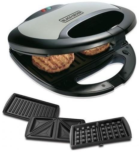 Black & Decker 750W Sandwich Maker 2 Slot Non-Stick 3in1 Interchangable Sandwich Grill And Waffle Maker, With Indicator And Ready to Cook Lights For Quick and Easy Dishes