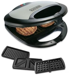 Black & Decker 750W Sandwich Maker 2 Slot Non-Stick 3in1 Interchangable Sandwich Grill And Waffle Maker, With Indicator And Ready to Cook Lights For Quick and Easy Dishes