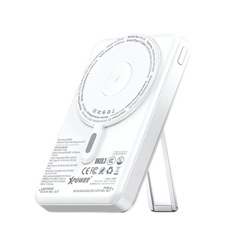 XPower M10R 7 in 1 10000mAh PD 3.0 Built-in Type-C PD/Lightning Cable + Wireless Charging + Power Bank with Stand - White