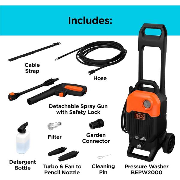 BLACK + DECKER 2000W 150 Bar/2100 PSI Pressure Washer