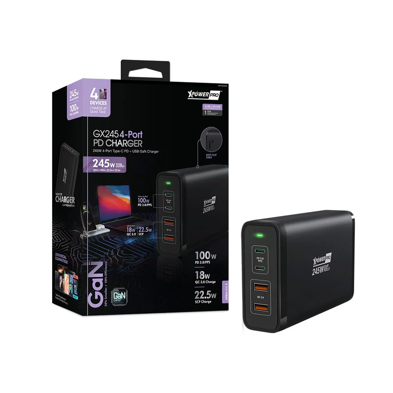 XPower Pro Gx245 245W 4-Port PD Gan Desktop Charger - Black