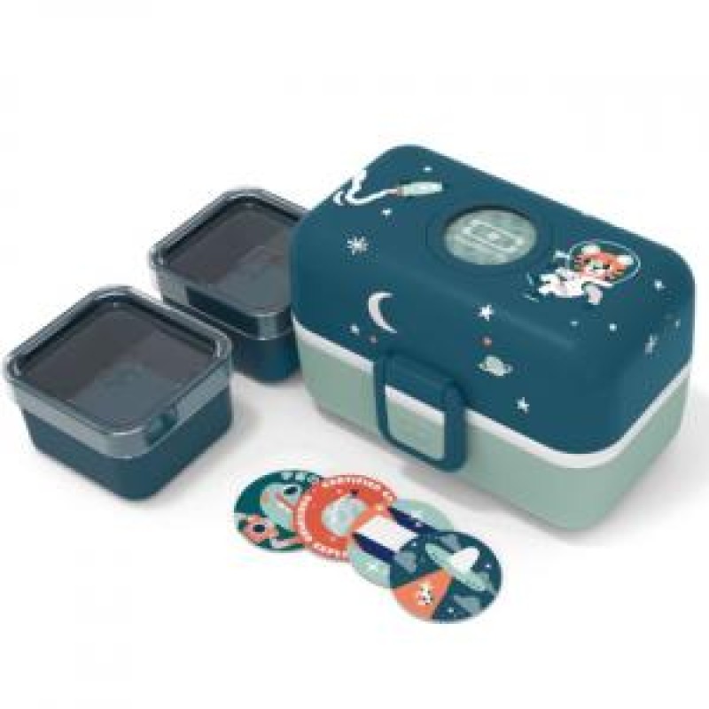مونبنتو - صندوق غذاء بينتو من إم بي تريزور أزرق الكون للأطفال - 3 أقسام للغداء المدرسي وتغليف الوجبات الخفيفة