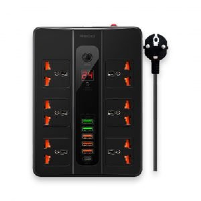 Recci 2500W متعدد الوظائف تمديد الطاقة مع 6 مقابس طاقة + 5 منافذ USB + منفذ USB من النوع C PD