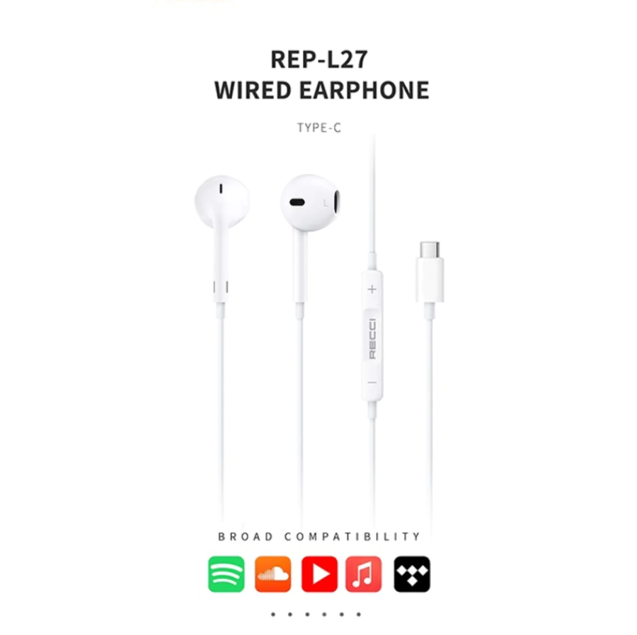 Recci Type C Earphone 1.20CM - White