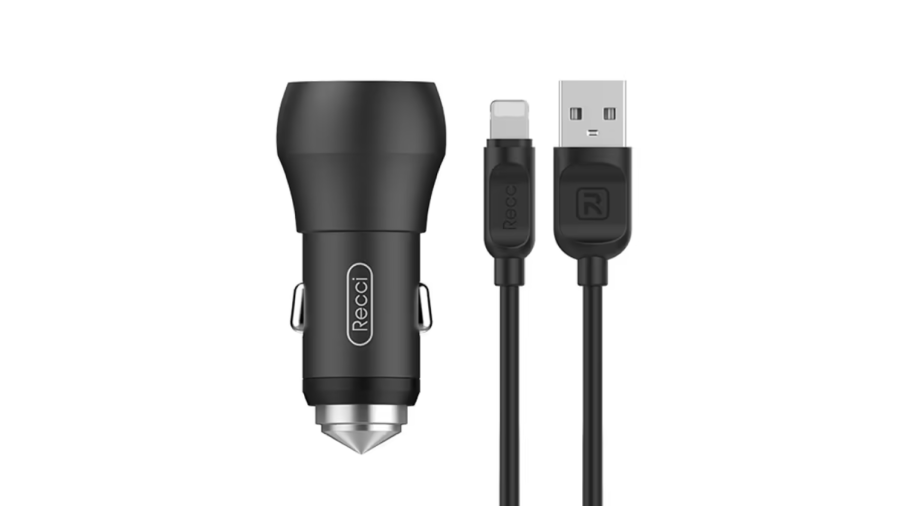 RECCI CAR CHARGER WITH LIGHTNING CABLE BLACK