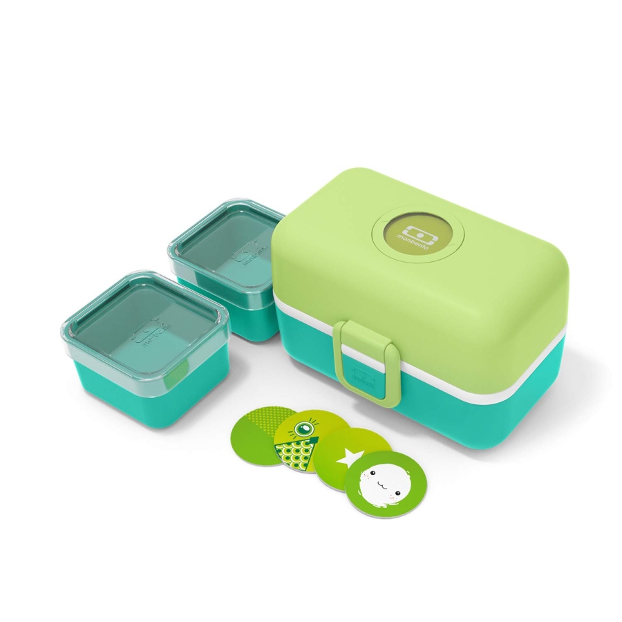 مونبنتو - صندوق غذاء بينتو من إم بي تريزور أخضر للأطفال - 3 أقسام للغداء المدرسي وتغليف الوجبات الخفيفة