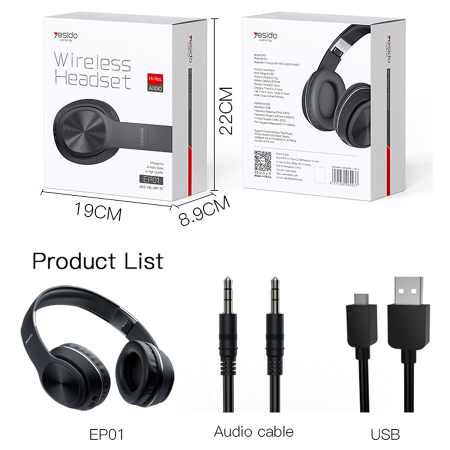 سماعة رأس لاسلكية قابلة للطي للحد من الضوضاء سوبر باس  Yesido EP01 Sports Bluetooth 5.0