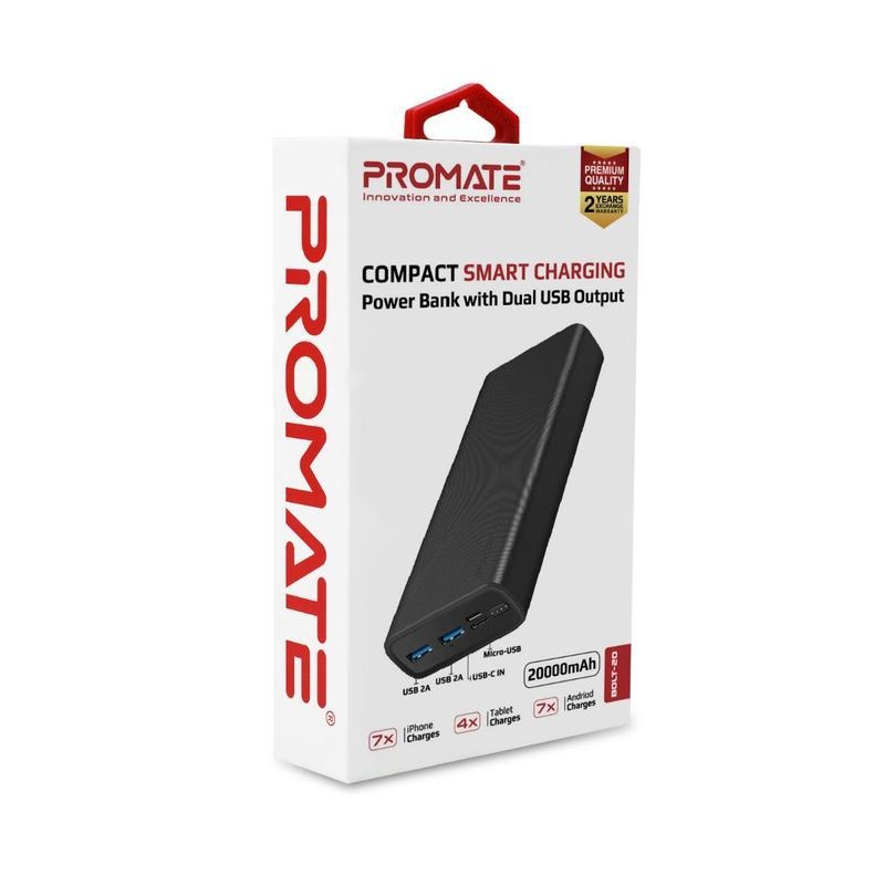 Super Slim Design 20000mAh Fast Charging Power Bank with 2A Dual USB Output • USB-C Fast Charge-In and 2A Micro-USB Charge-In • Auto-Voltage Regulation