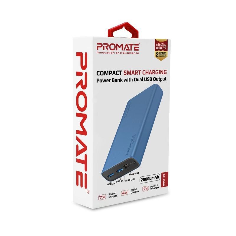 Super Slim Design 20000mAh Fast Charging Power Bank with 2A Dual USB Output • USB-C Fast Charge-In and 2A Micro-USB Charge-In • Auto-Voltage Regulation