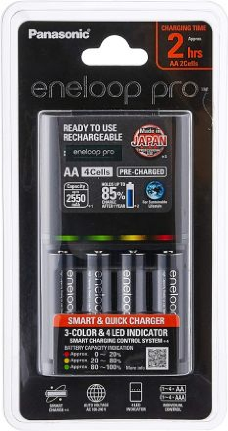 PANASONIC K-KJ55HCC40H ENELOOP PRO AA RECHARGEABLE BATTERY PACK OF 4 WITH CHARGER 2450MAH (BLACK) 