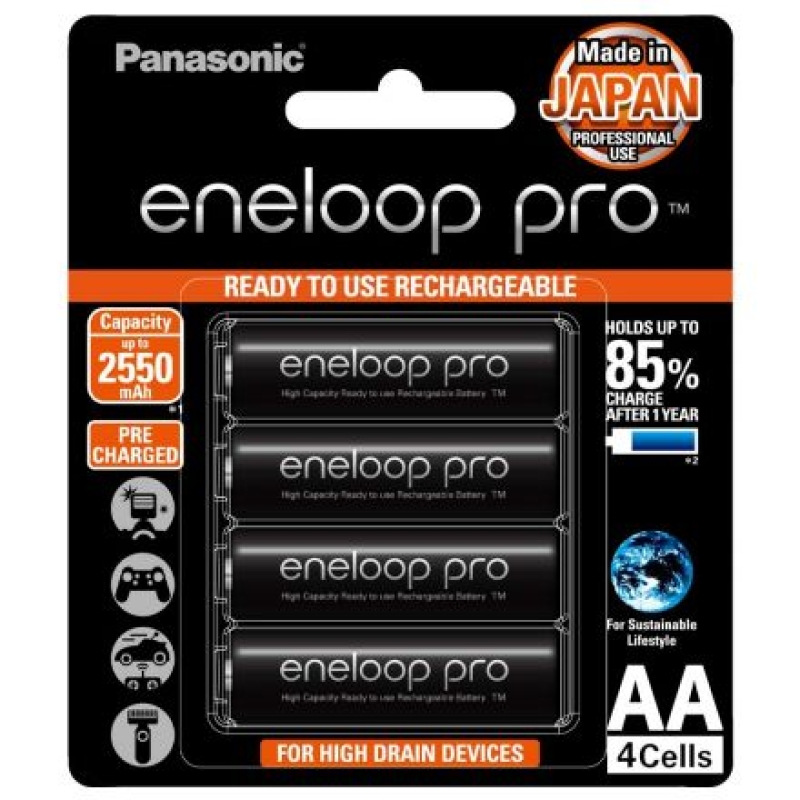 PANASONIC BK-3HCCE/4BT ENELOOP PRO AA RECHARGEABLE BATTERY 2450MAH PACK OF 4 (BLACK)