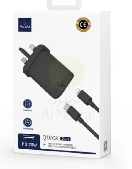 21 شاحن PD + مجموعة كابلات قابس المملكة المتحدة + USB C إلى Lightning Wi-U001 C-L ,اسود