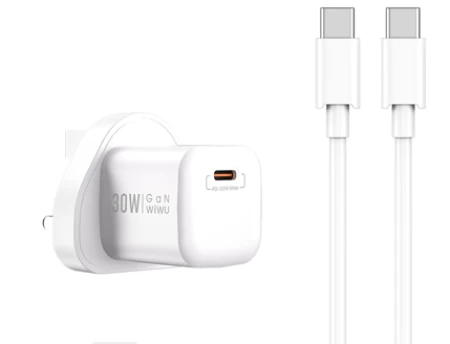 Wi-U006 تايب سي الى تايب سي شاحن سريع PD بقدرة 30 وات + USB C إلى C ,ابيض
