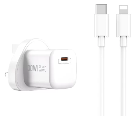 شاحن سريع Wi-U006 C-L30W PD / قابس بريطاني + USB C إلى Lightning White