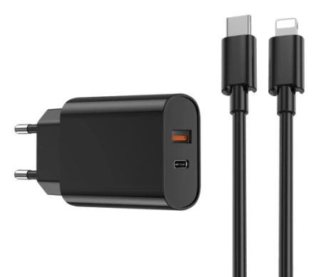 Wi-U002 شاحن PD + QC + مجموعات الكابلات + C إلى كابل لايتينج ,اسود
