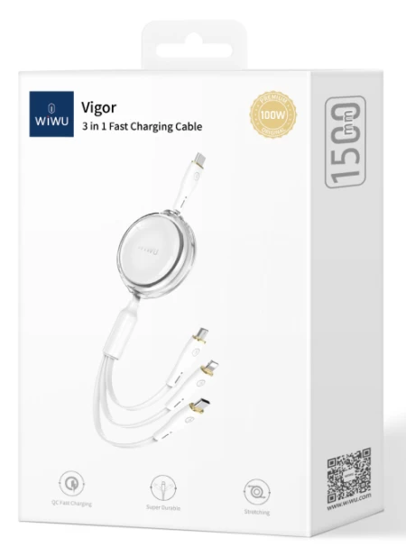 كابل شحن سريع 3 في 1 من Vigor Wi-C023 C-C+L+M100W أبيض