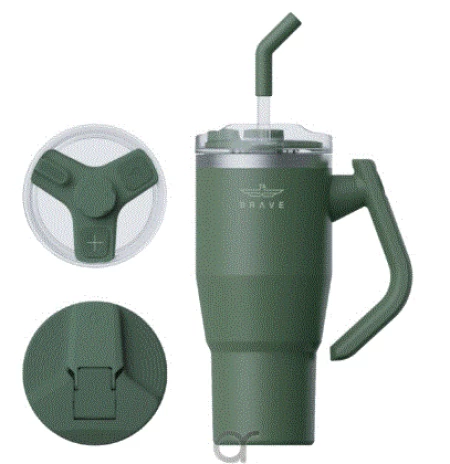 Brave Temp Guard Vacuum Insulated Travel Mug – 180° Rotating Handle, 24H Cold & 12H Hot Retention, Leak-Proof Lids, 1200ml - Green
